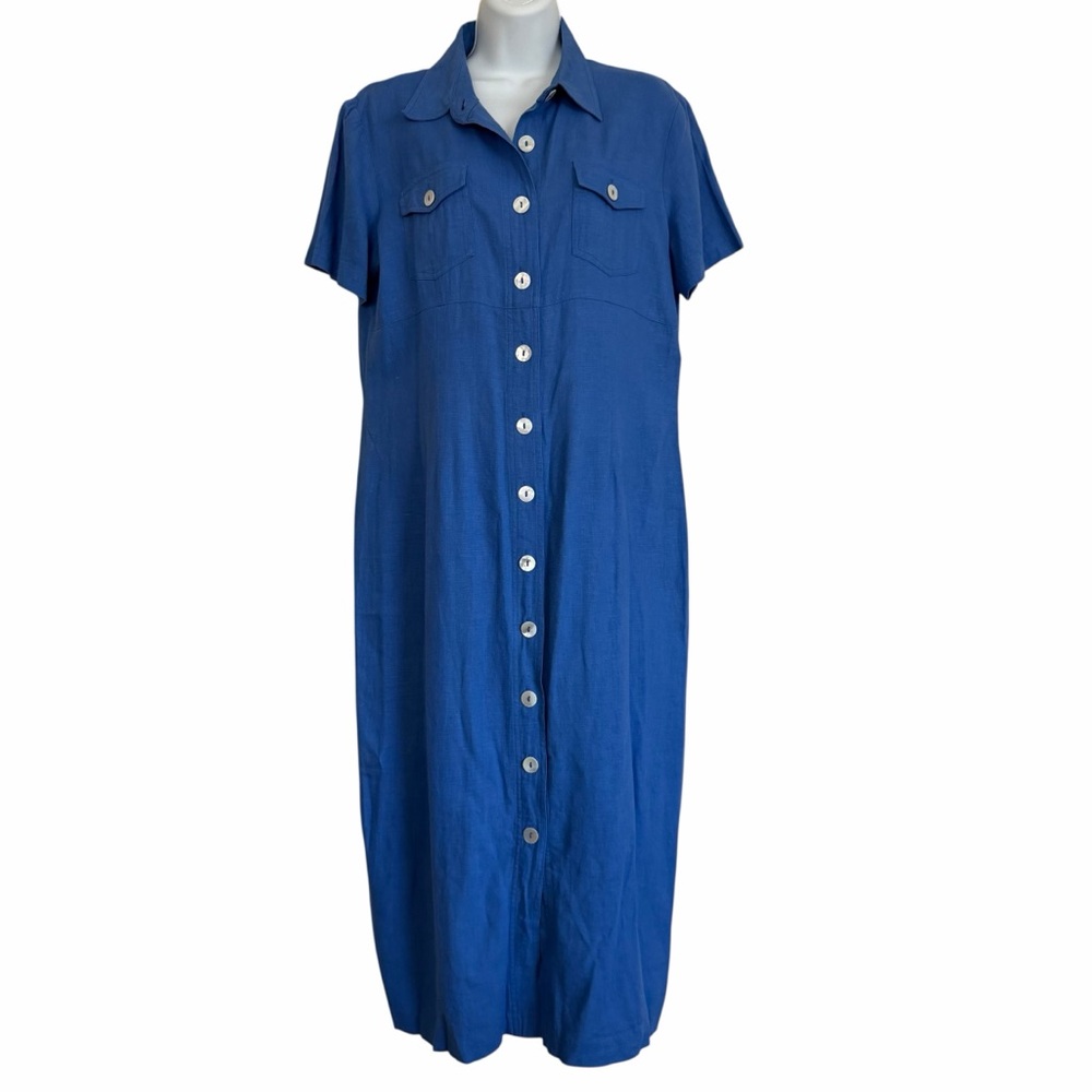 Robbie Bee Petite Blue Shirt Dress Size Medium Linen Blend Button Down Vintage